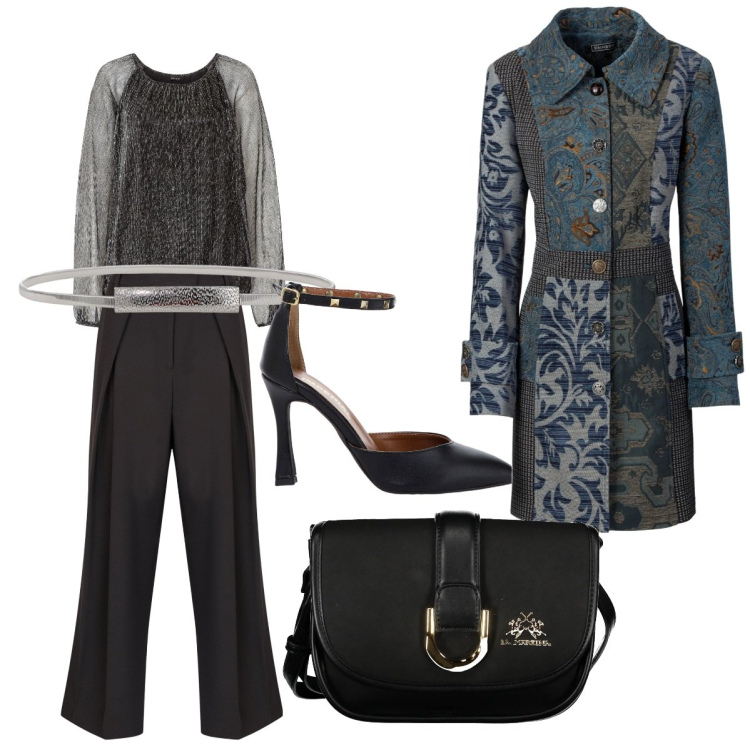 Outfit donna - Seratissima dedicata. Stile Romantica per Serata fuori. Abbinamento con cappotti, maglieria, cinture, décolleté, pantaloni, borse a tracolla.