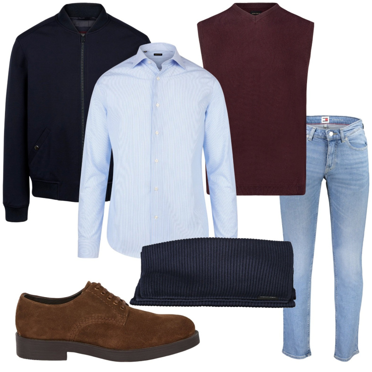 Outfit uomo - L\'arte del layering maschile. Stile Trendy per Tutti i giorni. Abbinamento con camicie, gilet, sciarpe, bomber, jeans, scarpe stringate.