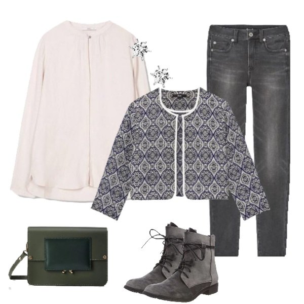 Outfit donna - Basic #18753. Stile Basic per Tutti i giorni. Abbinamento con giacca a maniche lunghe cropped jacquard blu, camicia rosa e pastello, jeans skinny elasticizzato nero, stivali grigio, orecchini in argento 925, shopping bag verde.