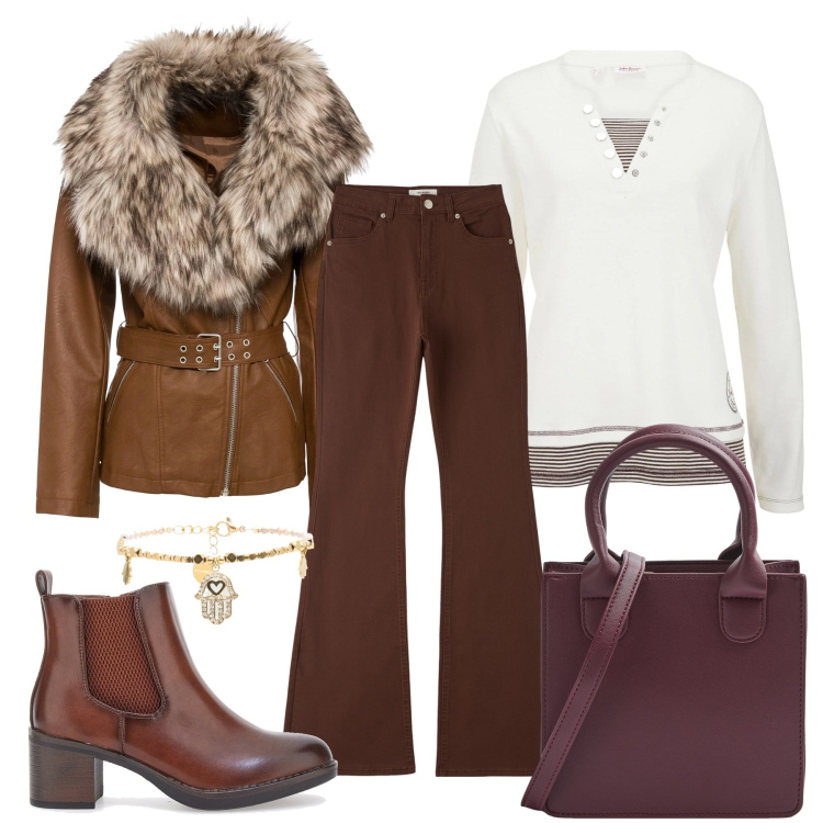 Outfit donna - Un tocco di grinta. Stile Casual chic per Tutti i giorni. Abbinamento con blazer, maglieria, pantaloni, shopping bag, braccialetti, stivaletti.
