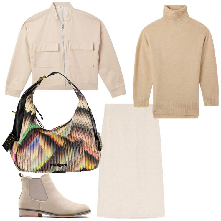 Outfit donna - Una borsa vivace. Stile Casual per Ufficio. Abbinamento con stivaletti chelsea, maglieria, bomber, gonne longuette, borse a spalla.