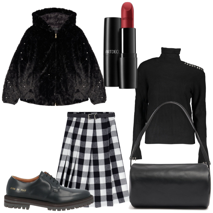 Outfit donna - Donna di quadri. Stile Bon Ton per Serata fuori. Abbinamento con scarpe stringate, rossetti, gonne, maglieria, blazer, borse a spalla.
