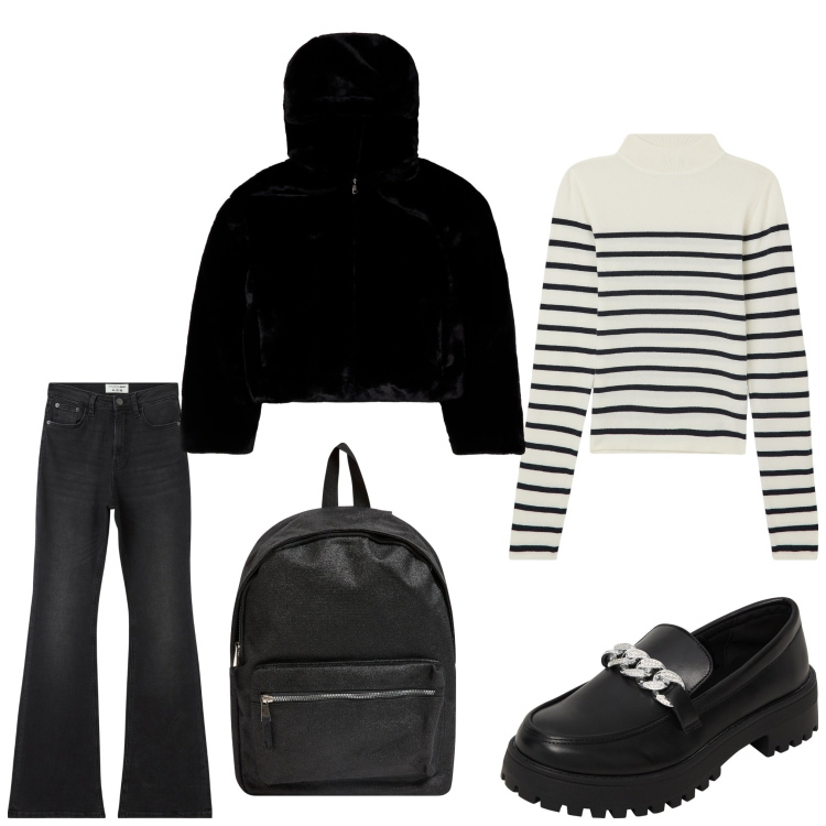 Outfit donna - Di nuovo a lezione. Stile Casual per Scuola/Università. Abbinamento con zaini, mocassini, jeans a zampa, maglieria, blazer.