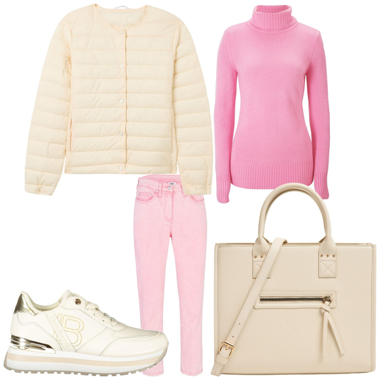 Outfit donna - Confetto. Stile Casual per Tutti i giorni. Abbinamento con pantaloni, maglieria, shopping bag, piumini, sneakers.