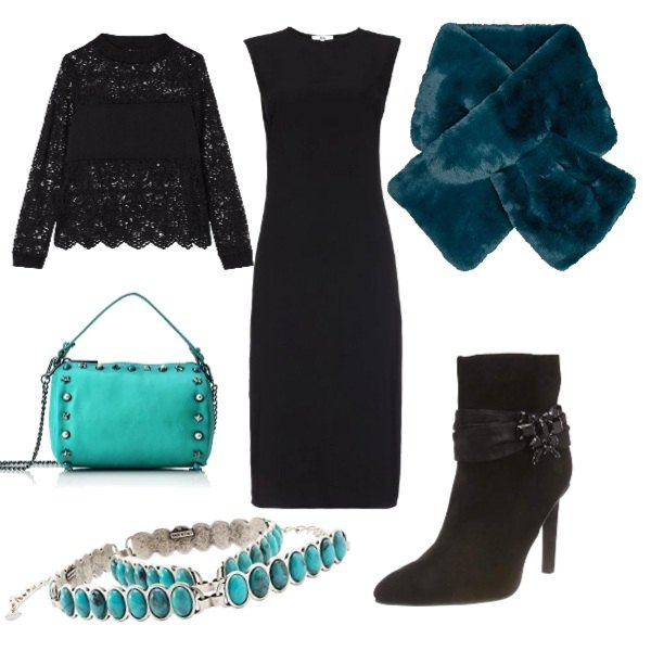 Outfit donna - Low cost raffinato. Stile Chic per Serata fuori. Abbinamento con vestito da sera spacchi laterali con scollo senza maniche nero, blusa con pizzo effetto satinato con scollo a maniche lunghe con fasce nero, sciarpa taglia unica, stivaletti nero, cintura grigio e argento, borse a mano.