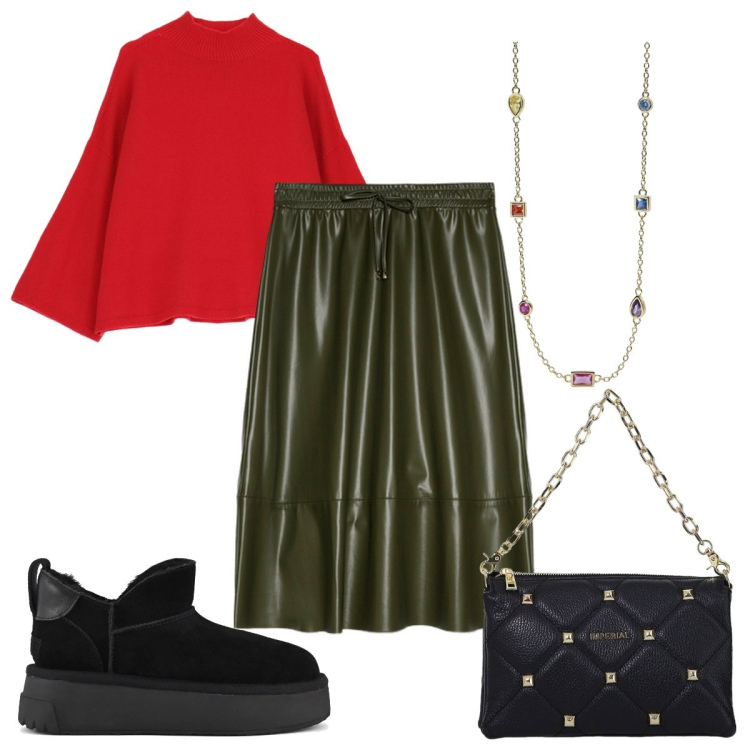 Outfit donna - Red passion : il maglione. Stile Trendy per Tutti i giorni. Abbinamento con collane, maglieria, borse a spalla, stivali, gonne longuette.