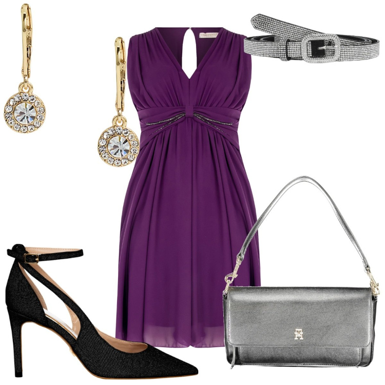 Outfit donna - Abbraccia le tue curve: glamour viola. Stile Glamour per Cerimonia. Abbinamento con cinture, vestiti midi/longuette, décolleté, orecchini, borse a spalla.