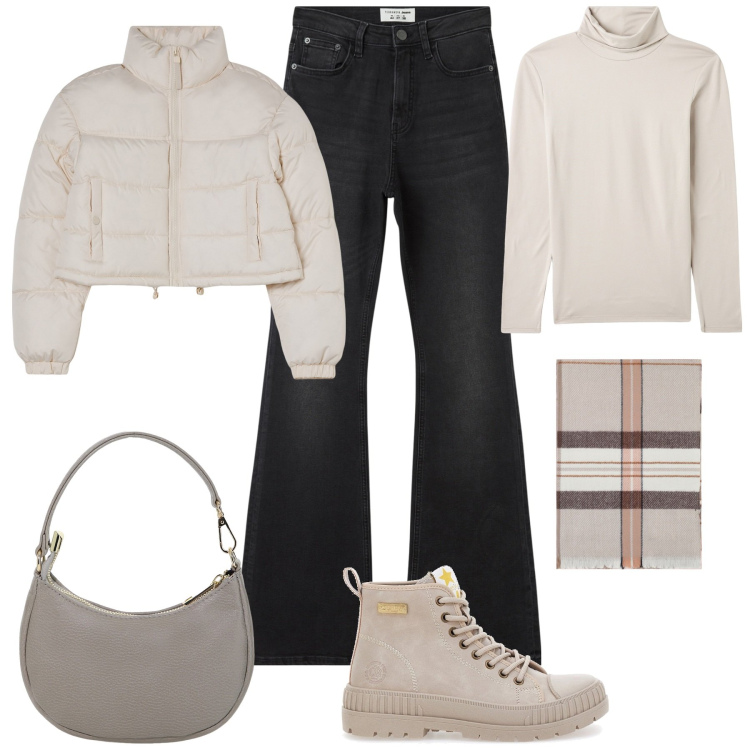 Outfit donna - Nuovo anno. Stile Casual per Tutti i giorni. Abbinamento con jeans a zampa, maglieria, blazer, sciarpe, borse a spalla, anfibi.