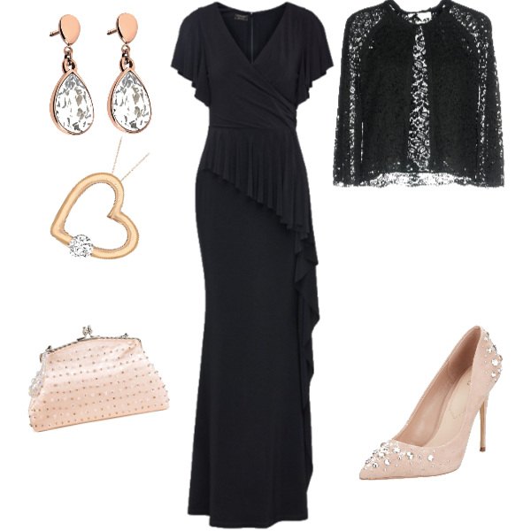 Outfit donna - Da diva. Stile Chic per Cerimonia. Abbinamento con giacca con pizzo collo tondo interno semi-foderato tinta unita, vestito elegante nero, scarpe con tacco rosa, clutch farfalla rosa, collana con catenina argento, orecchini pendenti bianco.