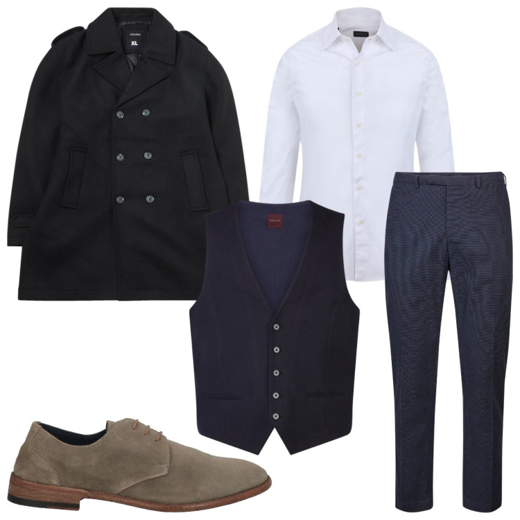 Outfit uomo - Layering maschile : cerimonia a gennaio. Stile Business/Elegante per Cerimonia. Abbinamento con scarpe stringate, cappotti, pantaloni, gilet, camicie.