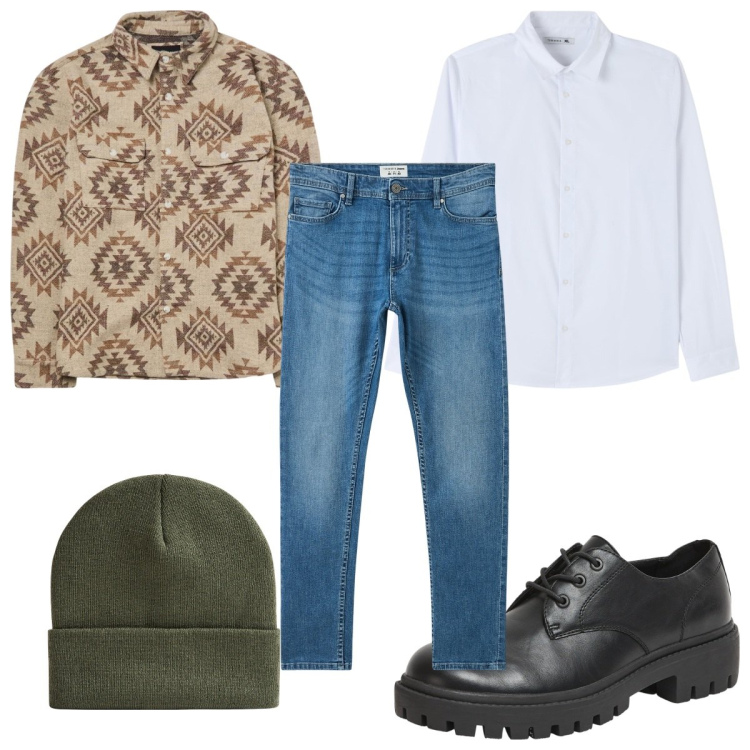 Outfit uomo - Cappotto e jeans. Stile Trendy per Tutti i giorni. Abbinamento con jeans skinny, cappotti, scarpe stringate, berretti, camicie.