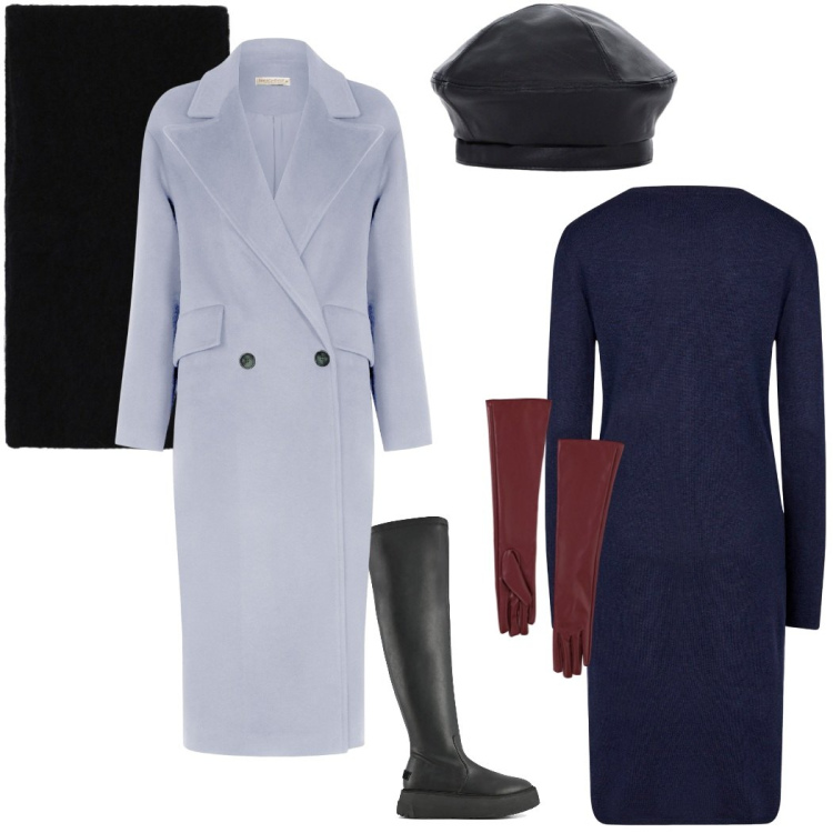Outfit donna - New year. Stile Casual chic per Serata fuori. Abbinamento con cappotti, guanti, stole, cappelli e berretti, vestiti midi/longuette, stivali sopra il ginocchio.
