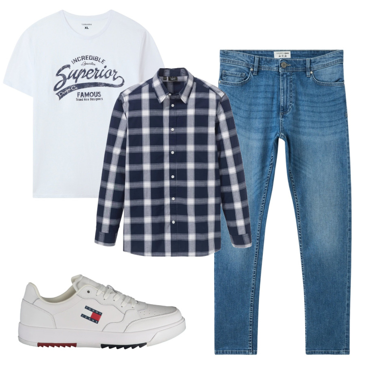 Outfit uomo - Casual in bianco e blu. Stile Casual per Tutti i giorni. Abbinamento con camicie, jeans skinny, t-shirt, sneakers.