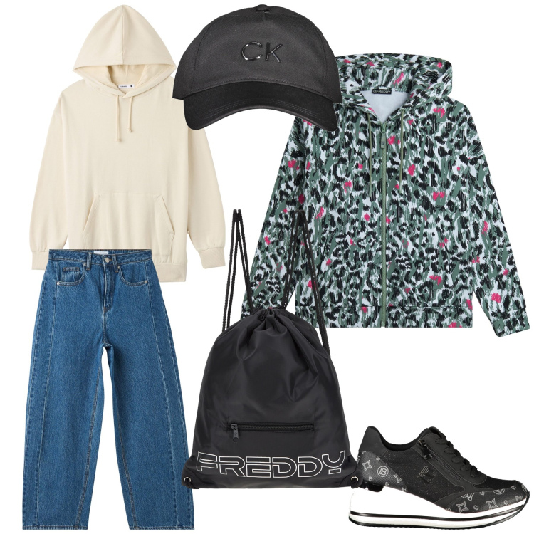 Outfit donna - Stamattina. Stile Casual per Tutti i giorni. Abbinamento con felpe con cappuccio, jeans, zaini, felpe con cappuccio, sneakers, cappelli con visiera.