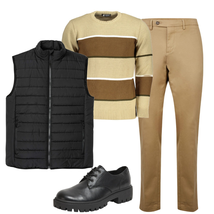 Outfit uomo - City. Stile Urban per Tutti i giorni. Abbinamento con gilet, scarpe stringate, pantaloni chino, maglieria.