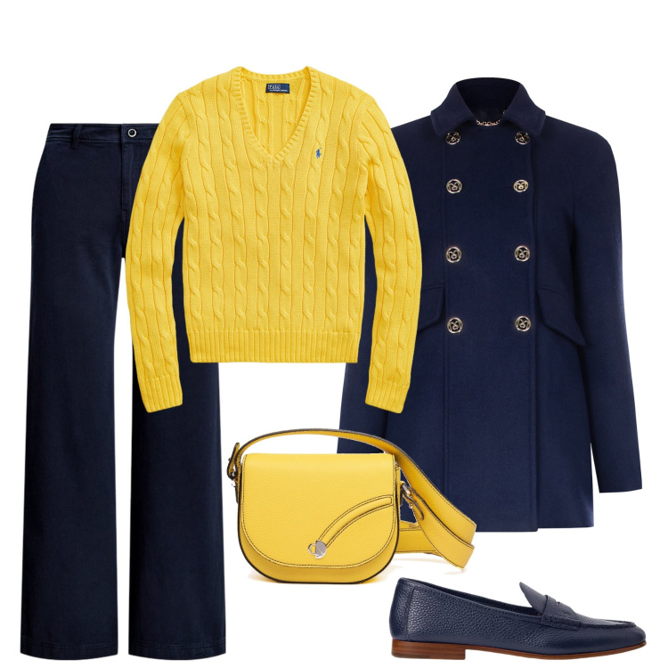 Outfit donna - Preppy in giallo e blu. Stile Casual chic per Tutti i giorni. Abbinamento con cappotti, pantaloni, maglieria, mocassini, borse a tracolla.