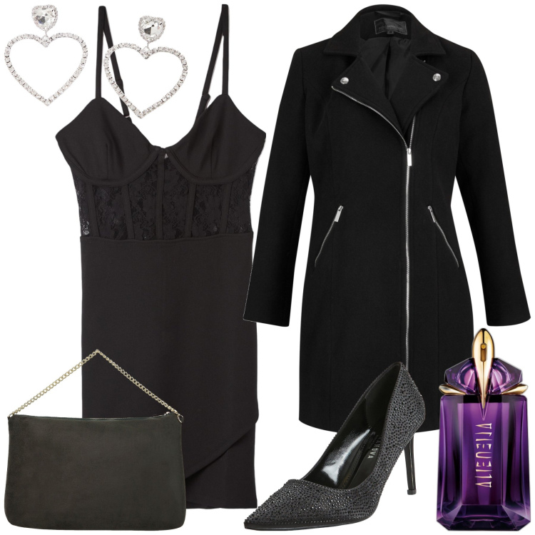 Outfit donna - Abitino low cost ma look wow. Stile Glamour per Serata fuori. Abbinamento con cappotti, profumi, décolleté, vestiti a tubino, pochette, orecchini.