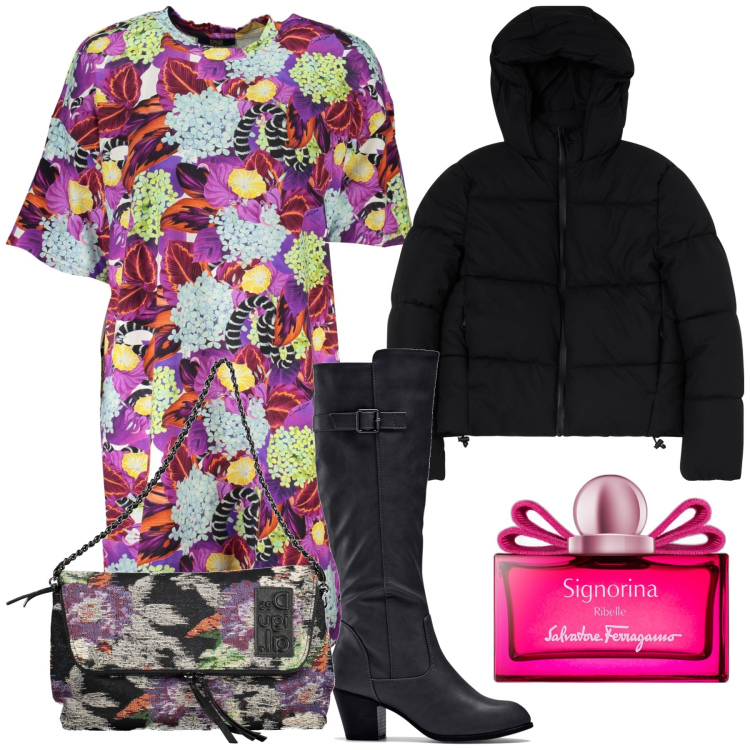 Outfit donna - Winter with flowers. Stile Trendy per Tutti i giorni. Abbinamento con stivali, profumi, blazer, vestiti corti, borse a mano.