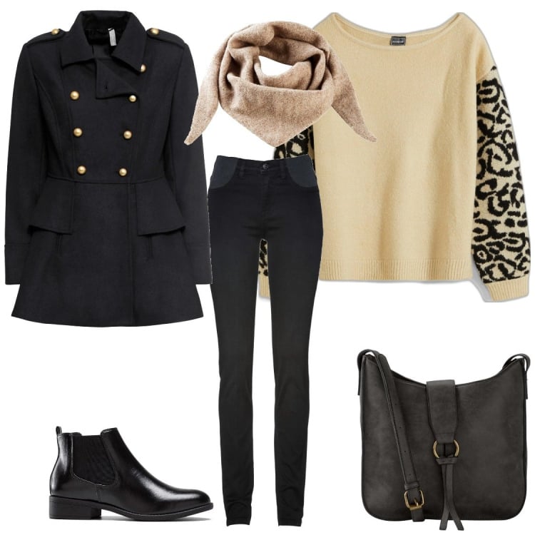 Outfit donna - Ufficio. Stile Casual chic per Ufficio. Abbinamento con jeans skinny, borse a tracolla, stivaletti chelsea, maglieria, cappotti, foulard.