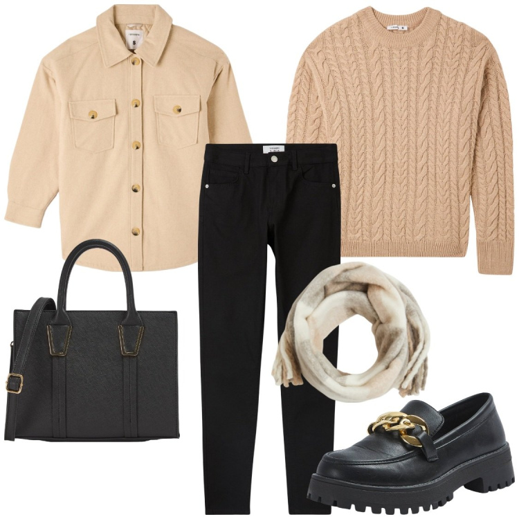 Outfit donna - Di fretta. Stile Casual chic per Tutti i giorni. Abbinamento con pantaloni skinny, mocassini, shopping bag, maglieria, cappotti, sciarpe.