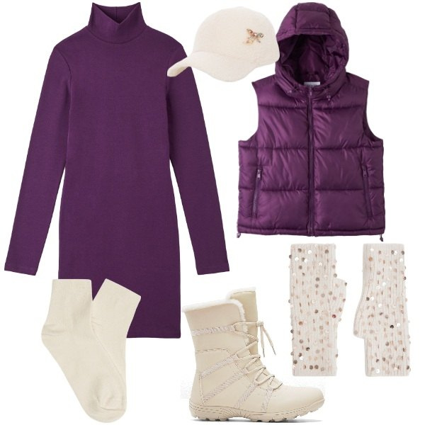 Outfit donna - Pronta al freddo. Stile Casual per Tutti i giorni. Abbinamento con stivaletti, piumini, vestiti midi/longuette, guanti, cappelli, collant.
