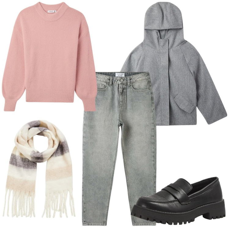 Outfit donna - Low cost. Stile Casual per Tutti i giorni. Abbinamento con sciarpe, jeans mom, maglieria, mocassini, blazer.