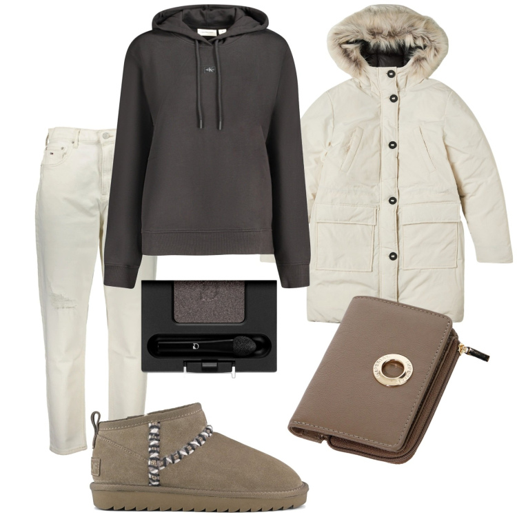 Outfit donna - Total look #2031112. Stile Urban per Tutti i giorni. Abbinamento con ombretti, parka, portafogli, stivali, jeans mom, felpe con cappuccio.