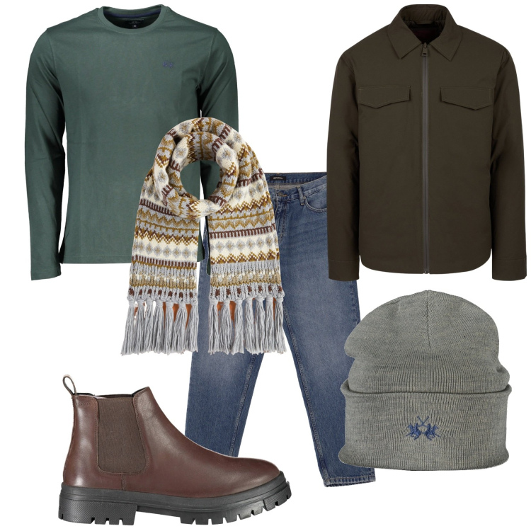 Outfit uomo - Total look #2031115. Stile Casual per Tutti i giorni. Abbinamento con jeans, sciarpe, piumini, stivali, t-shirt, berretti.