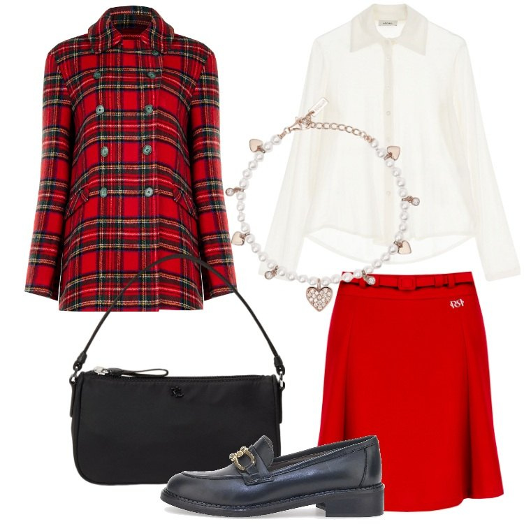 Outfit donna - Un nuovo anno, un nuovo stile. Stile Bon Ton per Ufficio. Abbinamento con braccialetti, minigonne, cappotti, camicie, pochette, mocassini.