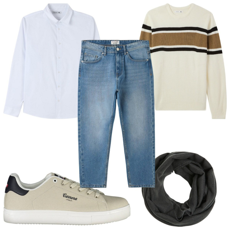 Outfit uomo - Relax in jeans. Stile Trendy per Tutti i giorni. Abbinamento con sciarpe, jeans, maglieria, camicie, sneakers.