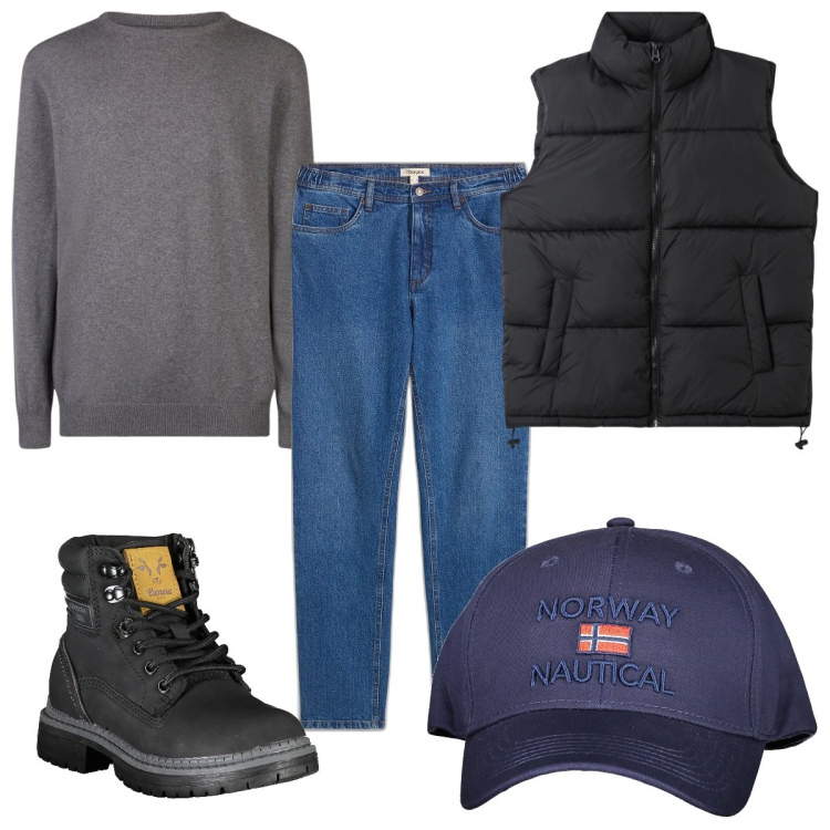 Outfit uomo - Total look #2031134. Stile Casual per Tutti i giorni. Abbinamento con jeans dritti, piumini, maglieria, cappelli con visiera, stivali.