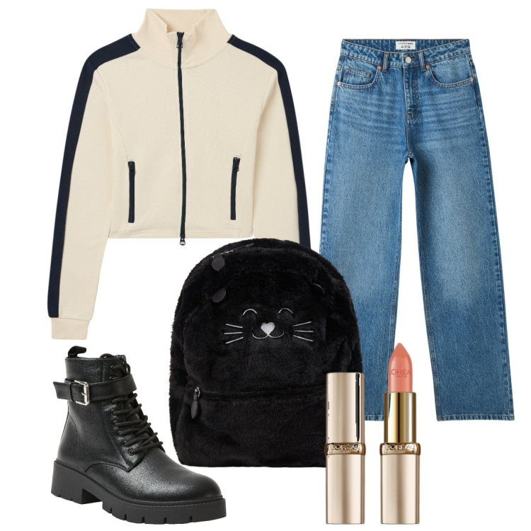 Outfit donna - Lo zaino miao. Stile Casual per Scuola/Università. Abbinamento con rossetti, anfibi, jeans, zaini, felpe.