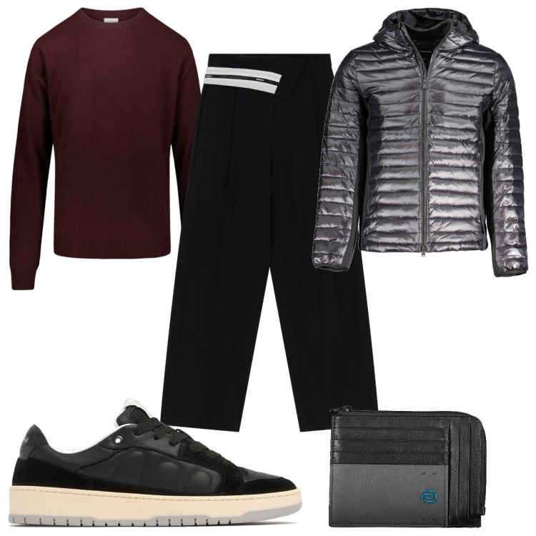 Outfit uomo - Total look #2031149. Stile Trendy per Tutti i giorni. Abbinamento con pantaloni a palazzo, maglieria, portafogli, giacche, sneakers.