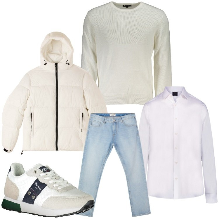 Outfit uomo - Bianco e denim. Stile Casual per Tutti i giorni. Abbinamento con jeans, piumini, camicie, maglieria, sneakers.