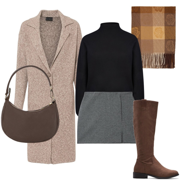 Outfit donna - Il cappotto mélange. Stile Casual chic per Tutti i giorni. Abbinamento con cappotti, stivali, minigonne, foulard, borse a spalla, cardigans.