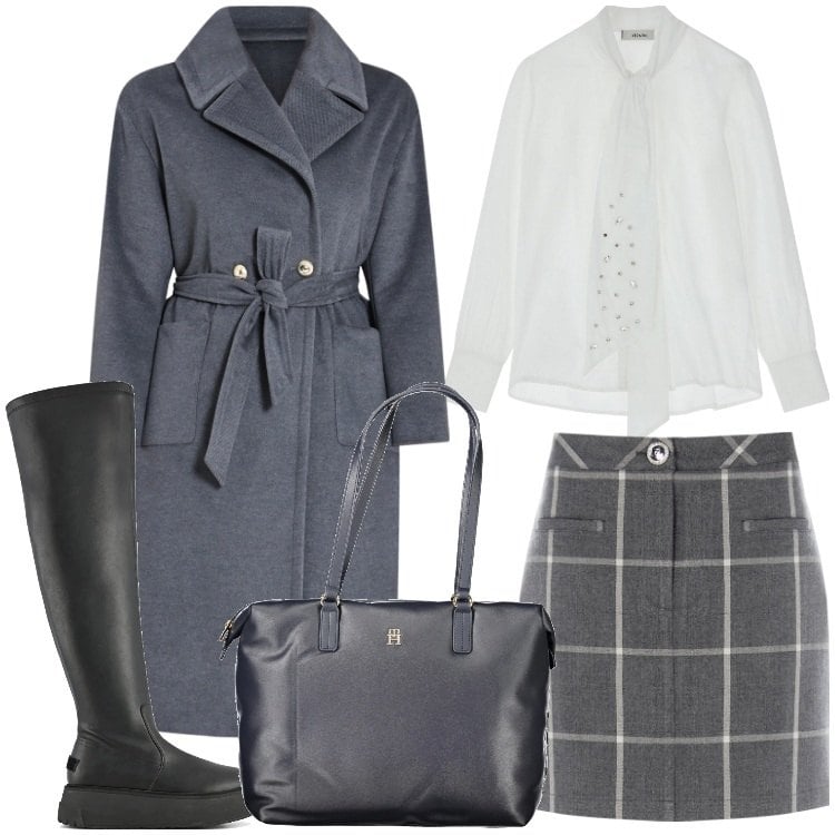 Outfit donna - Bianco+grigio=quadretti. Stile Casual chic per Serata fuori. Abbinamento con cappotti, minigonne, bluse, stivali sopra il ginocchio, borse a spalla.