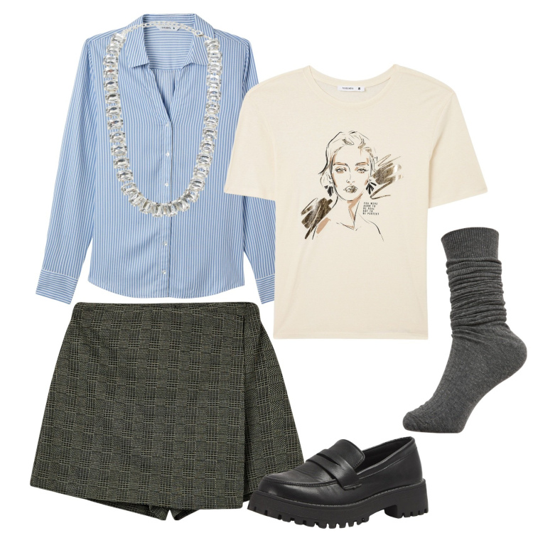 Outfit donna - Stile con Terranova. Stile Glamour per Tutti i giorni. Abbinamento con minigonne, camicie, t-shirt, collane, mocassini, calzini.