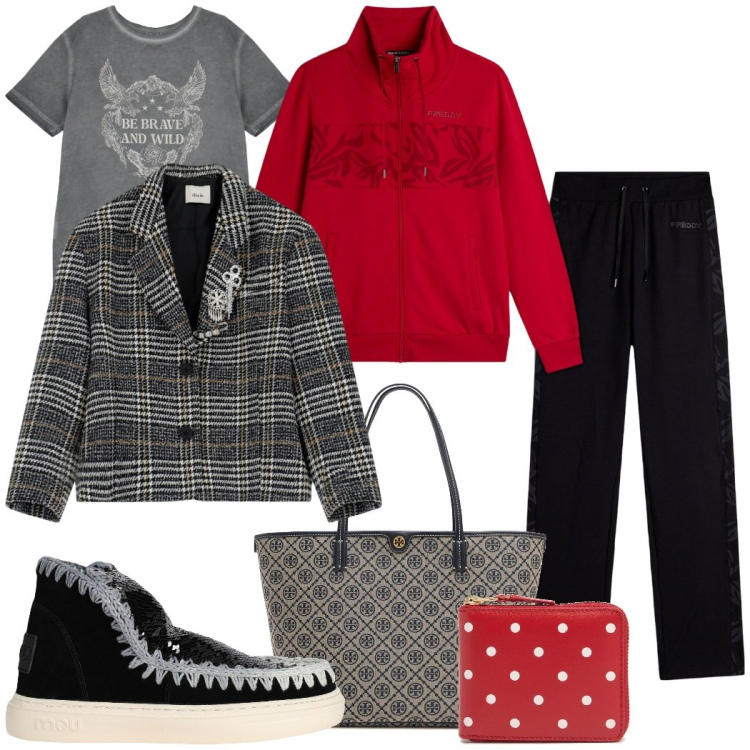 Outfit donna - Urban style. Stile Urban per Tutti i giorni. Abbinamento con stivaletti, tute, t-shirt, blazer, portafogli, shopping bag.