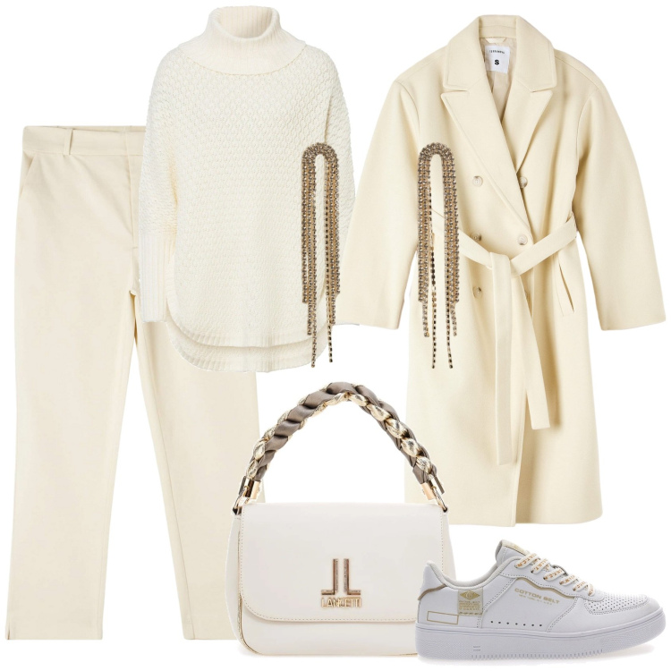 Outfit donna - Bianco chic. Stile Casual chic per Tutti i giorni. Abbinamento con maglieria, pantaloni chino, cappotti, orecchini, borse a tracolla, sneakers.