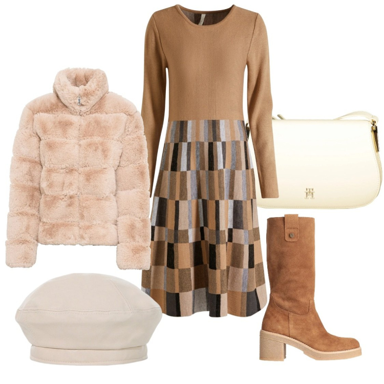 Outfit donna - La sala da tè con l\'amica. Stile Casual chic per Tutti i giorni. Abbinamento con vestiti, ecopellicce, stivali, cappelli e berretti, borse a tracolla.