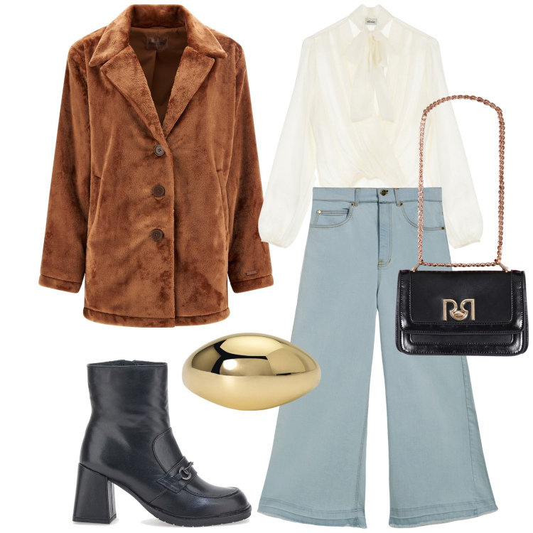 Outfit donna - Anno nuovo, stile boho. Stile Boho per Tutti i giorni. Abbinamento con anelli, borse a tracolla, cappotti, jeans bootcut, camicie, stivaletti.