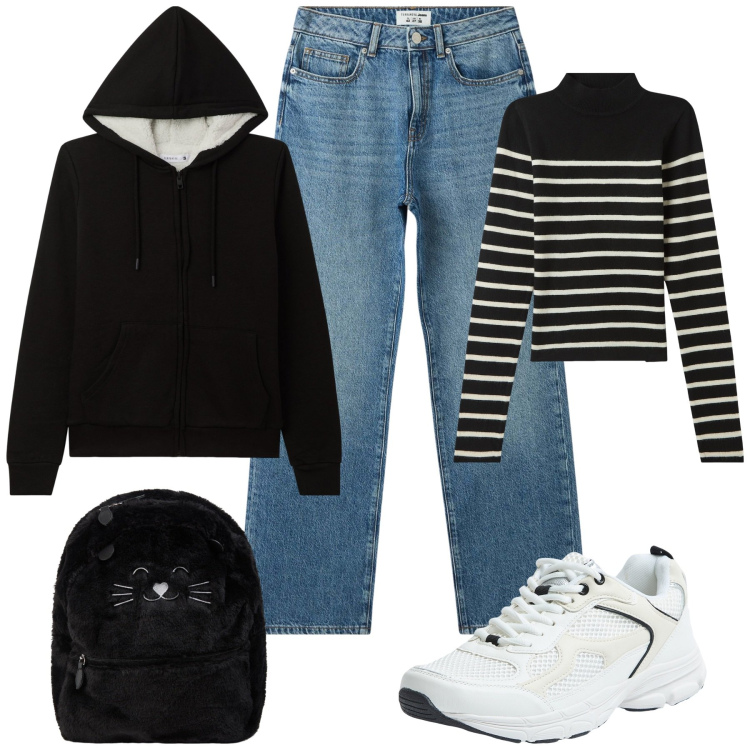 Outfit donna - Saldi invernali Terranova. Stile Basic per Tutti i giorni. Abbinamento con felpe con cappuccio, jeans dritti, maglieria, zaini, sneakers.