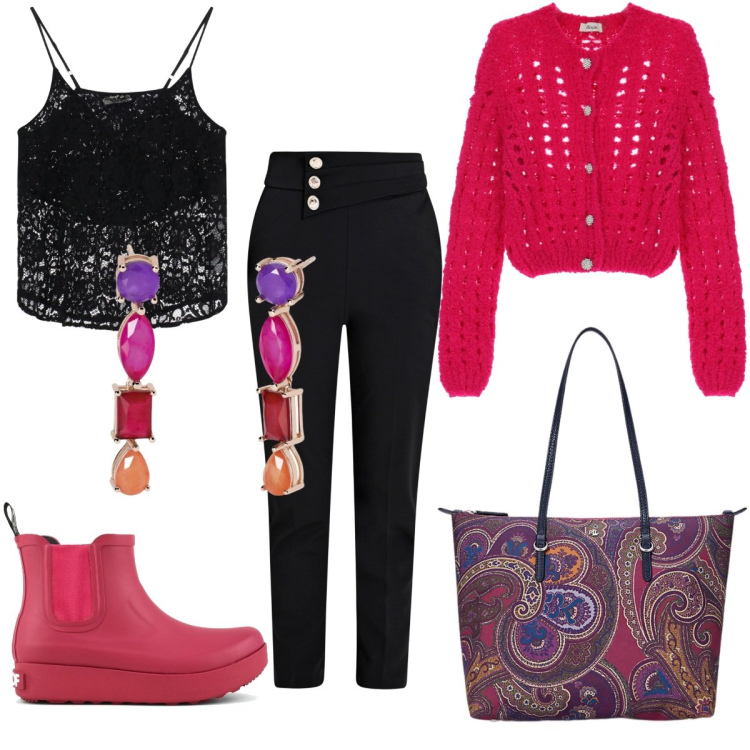Outfit donna - Rosso si spera. Stile Romantica per Tutti i giorni. Abbinamento con orecchini, pantaloni, cardigans, top, borse tote, stivali.