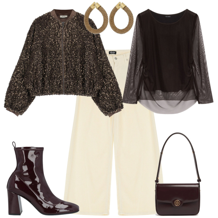 Outfit donna - Total look #2031221. Stile Glamour per Serata fuori. Abbinamento con stivaletti, bomber, jeans, t-shirt, orecchini, borse a spalla.