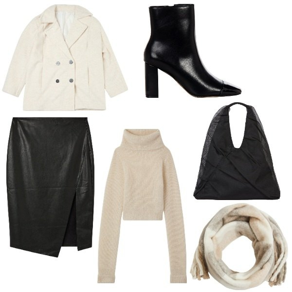 Outfit donna - Total look #2031228. Stile Casual chic per Ufficio. Abbinamento con maglieria, gonne longuette, cappotti, sciarpe, stivaletti, shopping bag.