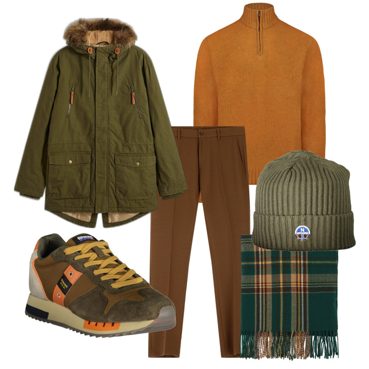 Outfit uomo - I colori dell\' autunno. Stile Casual per Tutti i giorni. Abbinamento con parka, pantaloni, sciarpe, maglieria, sneakers, berretti.
