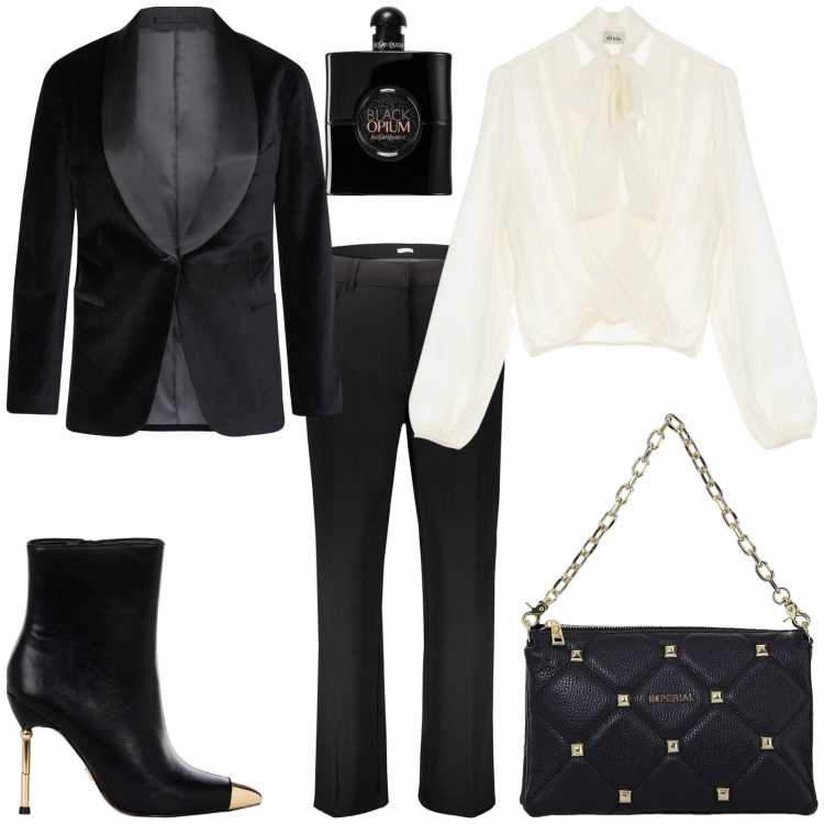 Outfit donna - Sfumature mannish. Stile Mannish per Serata fuori. Abbinamento con profumi, stivaletti, borse a spalla, camicie, pantaloni, blazer.