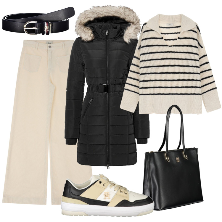 Outfit donna - City time. Stile Trendy per Tutti i giorni. Abbinamento con giacche, pantaloni a palazzo, pullovers, sneakers, borse a spalla, cinture.