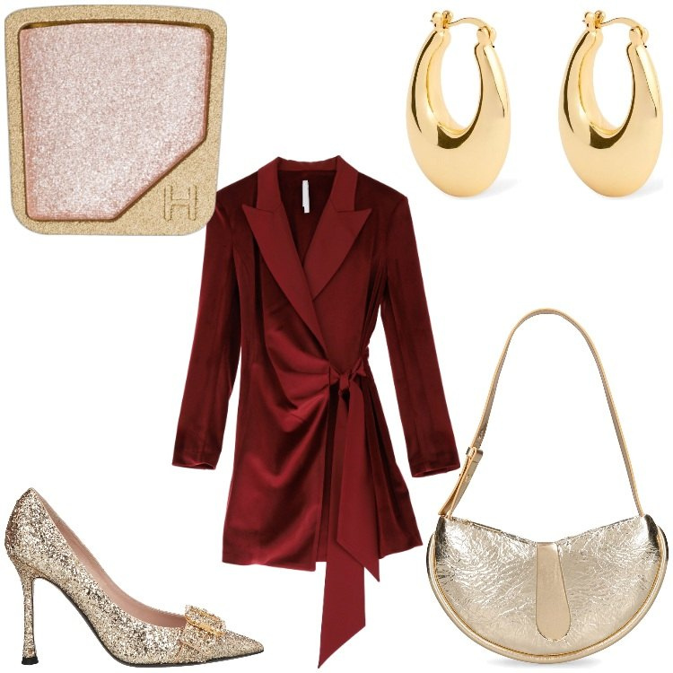 Outfit donna - Burgundy e oro. Stile Chic per Serata fuori. Abbinamento con décolleté, ombretti, vestiti corti, borse a spalla, orecchini.