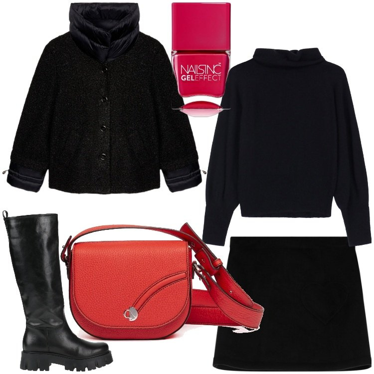 Outfit donna - Mai senza rosso. Stile Casual chic per Serata fuori. Abbinamento con stivali, smalti, maglieria, minigonne, blazer, borse a tracolla.
